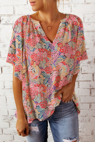 Floral Notched Neck Flutter Sleeve Blouse- ONLINE ONLY 2-10 DAY SHIPPING