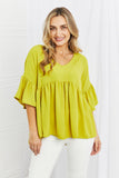 Celeste Look At Me Full Size Flowy Ruffle Sleeve Top in Lime- ONLINE ONLY- 2-7 DAY SHIPPING