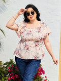 Plus Size Frill Printed Flutter Sleeve Blouse