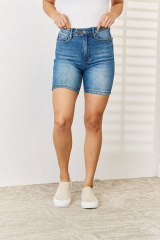 Judy Blue Full Size Tummy Control Double Button Bermuda Denim Shorts - ONLINE ONLY