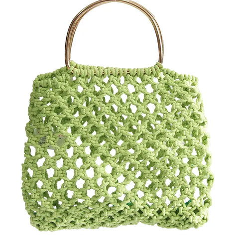 Lime Crochet Tote with Gold Metal Handles - In Store