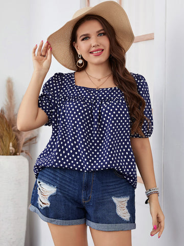 Plus Size Polka Dot Square Neck Blouse - ONLINE ONLY