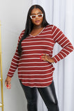 Zenana Full Size Striped V-Neck Long Sleeve Top in Dark Burgundy/Ivory- ONLINE ONLY 2-10 DAY SHIPPING