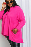 Zenana Bright and Airy Raw Edge Peplum Shirt with Pockets in Hot Pink- ONLINE ONLY 2-10 DAY SHIPPING