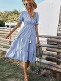 V Neck Short Sleeve Button Striped Ruffled Midi Shirt Dress