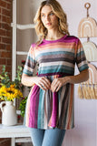 Heimish Full Size Striped Round Neck Babydoll Tee in Fuchsia Multi- ONLINE ONLY 2-10 DAY SHIPPING