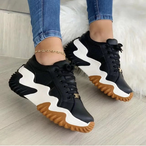 Lace-Up PU Leather Platform Sneakers - ONLINE ONLY