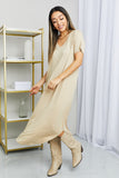 HYFVE V-Neck Short Sleeve Curved Hem Dress in Caffe Latte- ONLINE ONLY 2-10 DAY SHIPPING