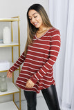 Zenana Full Size Striped V-Neck Long Sleeve Top in Dark Burgundy/Ivory- ONLINE ONLY 2-10 DAY SHIPPING
