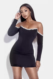 Off-Shoulder Long Sleeve Mini Dress with Rhinestone Detail- ONLINE ONLY 2-10 DAY SHIPPING