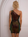 Sequin Rhinestone Chain Detail One-Shoulder Bodycon Dress- ONLINE ONLY 2-10 DAY SHIPPING