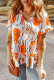 Printed Flounce Sleeve Tie-Neck Peplum Blouse- ONLINE ONLY 2-10 DAY SHIPPING