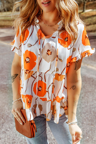 Printed Flounce Sleeve Tie-Neck Peplum Blouse- ONLINE ONLY 2-10 DAY SHIPPING
