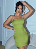 Rhinestone Spaghetti Strap Satin Bodycon Dress- ONLINE ONLY 2-10 DAY SHIPPING
