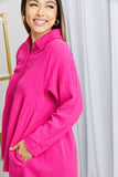 Zenana Bright and Airy Raw Edge Peplum Shirt with Pockets in Hot Pink- ONLINE ONLY 2-10 DAY SHIPPING