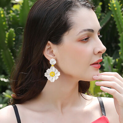 Bead PU Leather Stainless Steel Flower Earrings -ONLINE ONLY