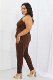 Capella Comfy Casual Full Size Solid Elastic Waistband Jumpsuit in Chocolate - ONLINE ONLY 2-7 DAY SHIP