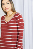 Zenana Full Size Striped V-Neck Long Sleeve Top in Dark Burgundy/Ivory- ONLINE ONLY 2-10 DAY SHIPPING