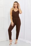 Capella Comfy Casual Full Size Solid Elastic Waistband Jumpsuit in Chocolate - ONLINE ONLY 2-7 DAY SHIP