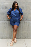 ODDI Full Size Puff Sleeve Denim Romper- ONLINE ONLY 2-10 DAY SHIPPING