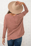 Striped Round Neck Long Sleeve Slit T-Shirt
