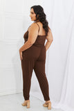 Capella Comfy Casual Full Size Solid Elastic Waistband Jumpsuit in Chocolate - ONLINE ONLY 2-7 DAY SHIP