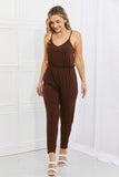 Capella Comfy Casual Full Size Solid Elastic Waistband Jumpsuit in Chocolate - ONLINE ONLY 2-7 DAY SHIP
