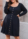Plus Size Button Front Elastic Waist Long Sleeve Dress - ONLINE ONLY