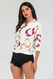 Printed Zip-Up Three-Quarter Sleeve Bomber Jacket- ONLINE ONLY 2-10 DAY SHIPPING