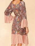 Ethnic Paisley Color Block Bell Sleeve Dress - In Store
