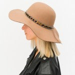 Wide Brim Felt Floppy Hat Featuring Faux Leather Leopard Print Band - In Store