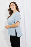 Zenana Simply Comfy Full Size V-Neck Loose Fit Shirt in Blue- ONLINE ONLY 2-10 DAY SHIPPING
