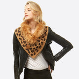 Leopard Print Knit Scarf/Shawl Featuring Faux Fur Neck Trim and Coconut Button Details - In Store