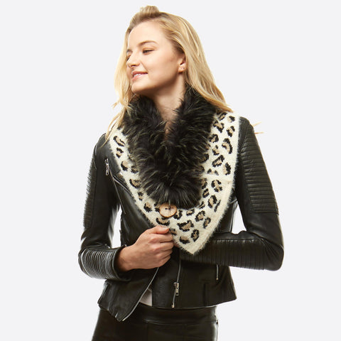 Leopard Print Knit Scarf/Shawl Featuring Faux Fur Neck Trim and Coconut Button Details - In Store