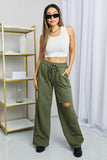Zenana Full Size Drawstring Waist Distressed Wide Leg Pants in LT Olive- ONLINE ONLY 2-10 DAY SHIPPING