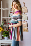 Heimish Full Size Striped Round Neck Babydoll Tee in Fuchsia Multi- ONLINE ONLY 2-10 DAY SHIPPING
