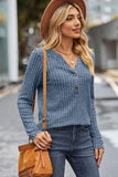 Ribbed Half Button Long Sleeve Knit Top