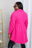 Zenana Bright and Airy Raw Edge Peplum Shirt with Pockets in Hot Pink- ONLINE ONLY 2-10 DAY SHIPPING