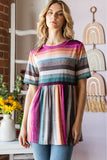 Heimish Full Size Striped Round Neck Babydoll Tee in Fuchsia Multi- ONLINE ONLY 2-10 DAY SHIPPING