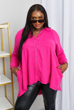Zenana Bright and Airy Raw Edge Peplum Shirt with Pockets in Hot Pink- ONLINE ONLY 2-10 DAY SHIPPING