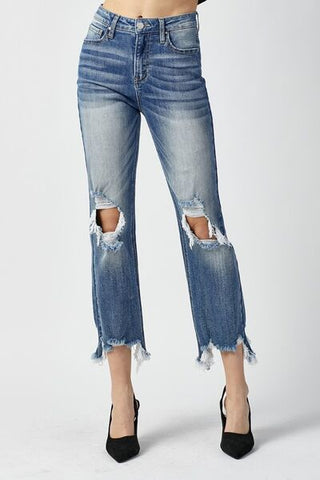 RISEN High Waist Distressed Frayed Hem Cropped Straight Jeans - ONLINE ONLY