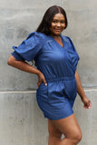 ODDI Full Size Puff Sleeve Denim Romper- ONLINE ONLY 2-10 DAY SHIPPING