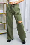 Zenana Full Size Drawstring Waist Distressed Wide Leg Pants in LT Olive- ONLINE ONLY 2-10 DAY SHIPPING