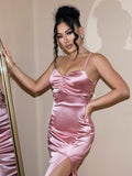 Backless Crisscross Ruched Split Satin Dress- ONLINE ONLY 2-10 DAY SHIPPING