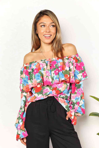 Double Take Floral Off-Shoulder Flounce Sleeve Layered Blouse - ONLINE ONLY
