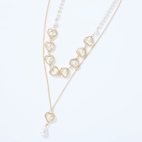 Double-Layered Heart & Pearl Pendant Necklace -ONLINE ONLY