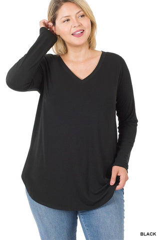 PLUS LONG SLEEVE V-NECK ROUND HEM TOP