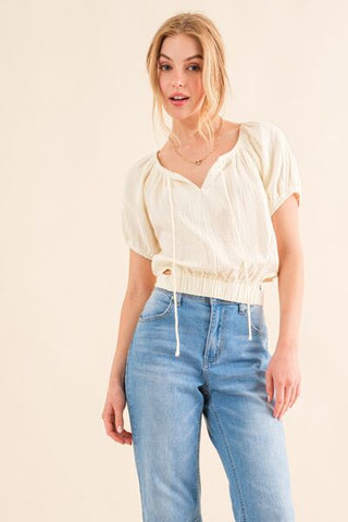 And The Why Cotton Gauze Back Waist Tie Cropped Blouse- ONLINE ONLY