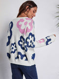 Flower Pattern Round Neck Long Sleeve Sweater - ONLINE ONLY