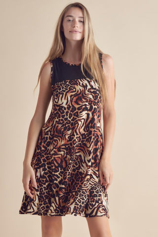 Yelete Full Size Animal Print Round Neck Sleeveless Dress with Pockets- ONLINE ONLY 2-10 DAY SHIPPING
